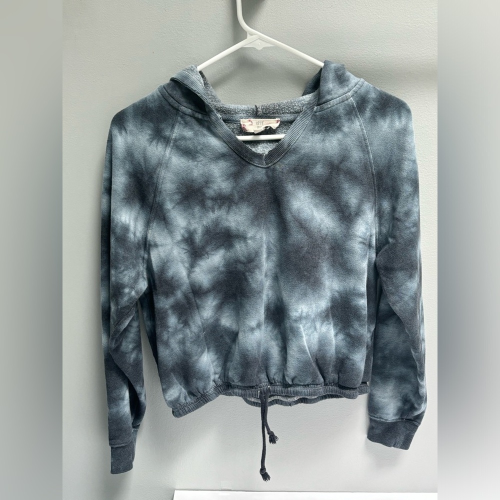 Grayish black and blue tie dye shirt with hood and draw string around the waist